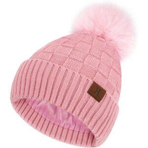 Womens Winter Beanie Hat Knit Plaid Fleece Lined Pompom Cap Cold Weather Gift